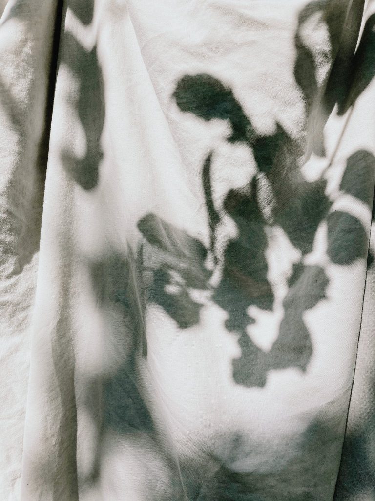 Leaves shadow on white material in sunlight